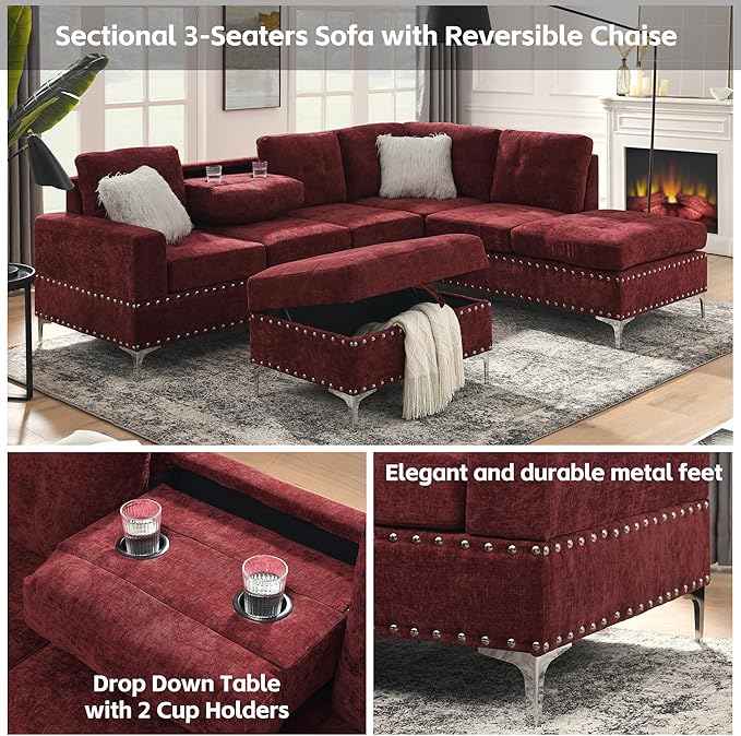 Living Room Furniture Sets L-Shape Sectional 5-Seater Sofa with Extra Wide Reversible Chaise Storage Ottoman and Cup Holders and Copper Nails 2 Pillows Claret