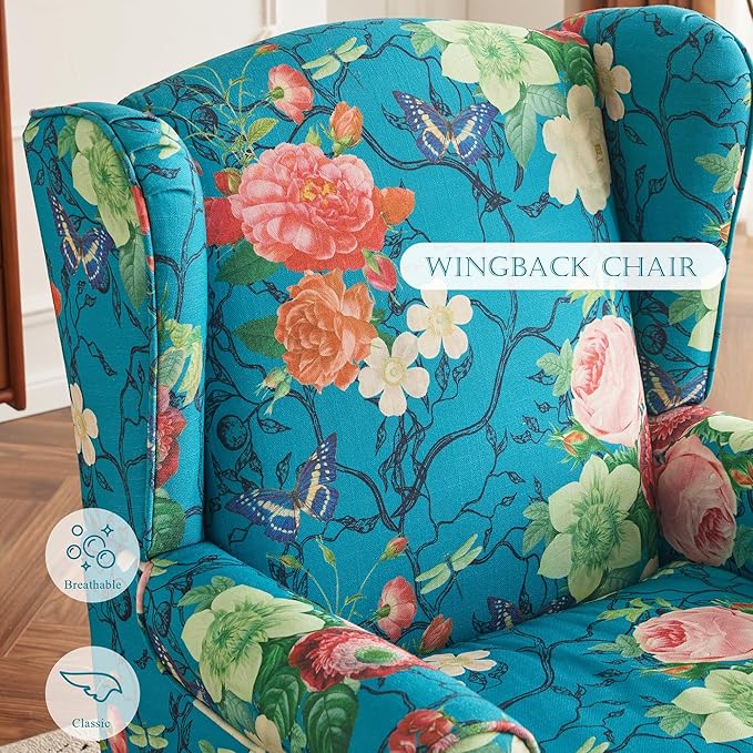 MELLCOM Floral Accent Chair High Back Upholstered Armchair with Solid Legs Leisure Single Sofa Chair for Living Room Bedroom Home Office Teal Floral