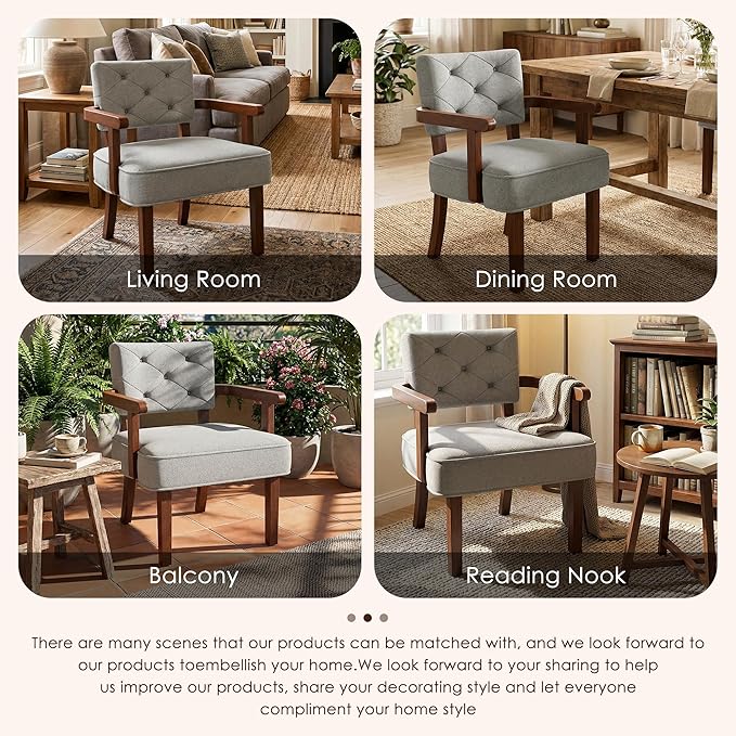Versatile Side Arm Chair Small Modern Accent Chair Upholstered Wooden Armchair Corner Chair with Arm RestTufted Backrest Cushion for OfficeWaiting/Reading/Living Room Grey