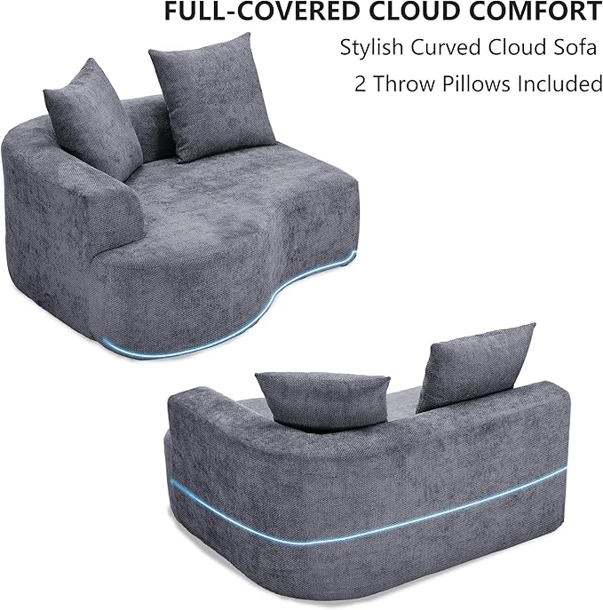 L Shaped Single Sofa Modern Comfy Chenille Fabric Loveseat Couch No Assembly Required Small Couch with Deep Seat 2 Pillows for Living Room Apartment Bedroom