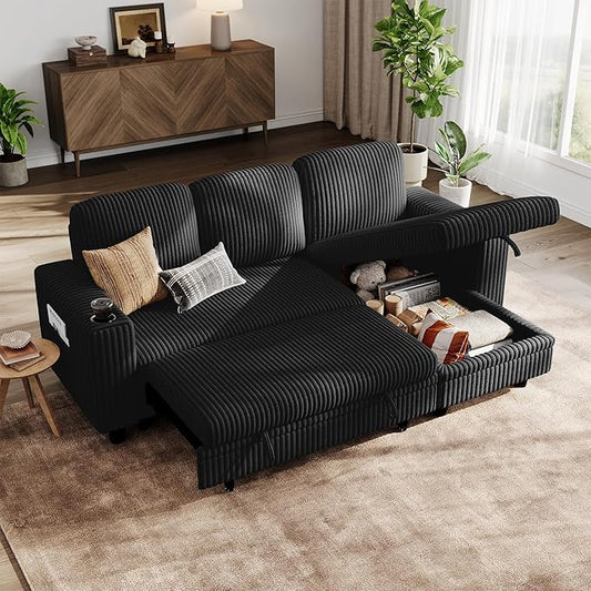 LINSY HOME Sectional Sleeper Sofa with Pull Out Couch Bed - Convertible Plush Corduroy Cloud Couch with Storage Chaise &amp USB Charging Comfy L Shaped Modular Couches for Living Room Apartment Bla