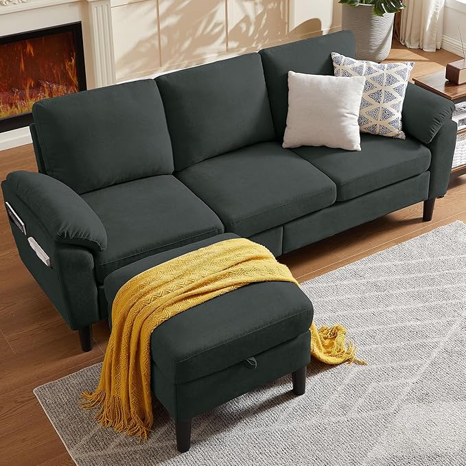 79 Convertible Sectional Sofa Modern Linen Small L Shaped Couch with Reversible Chaise and Storage Ottoman 3-Seat Sofa Couches for Living Room Office Apartment Black