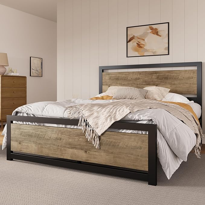 SHA CERLIN Queen Size Bed Frame with Modern Headboard Heavy Duty Platform Metal Base with Square Footboard and 13 Strong Slats Support No Box Spring Needed Brown