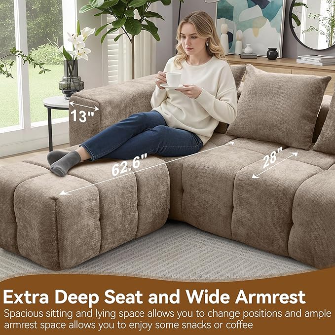 119 Oversized Cloud Boneless Couches for Living Room Modern Tufted Modular Sectional Sofa with Deep Seat &amp Movable Ottoman L Shaped Memory Foam Chenille Couch No Assembly Required Brown