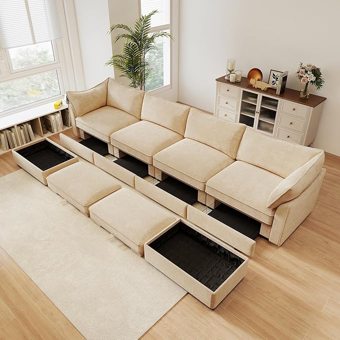 Aoowow Modular Sectional Sofa with Pullout Storage Seat 146.4” U-Shaped Chenille 4-Seat Sofa Couch with 2 Storage Ottomans Upholstered Deep Couches for Living Room Apartment OfficeWheat