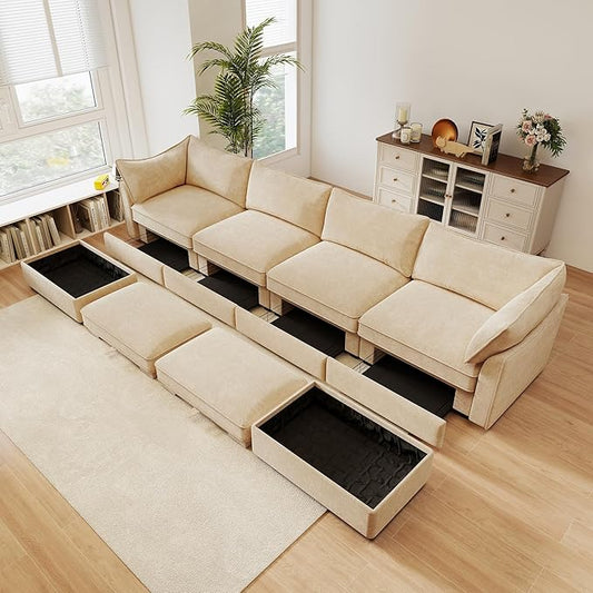 Aoowow Modular Sectional Sofa with Pullout Storage Seat 146.4” U-Shaped Chenille 4-Seat Sofa Couch with 2 Storage Ottomans Upholstered Deep Couches for Living Room Apartment OfficeWheat