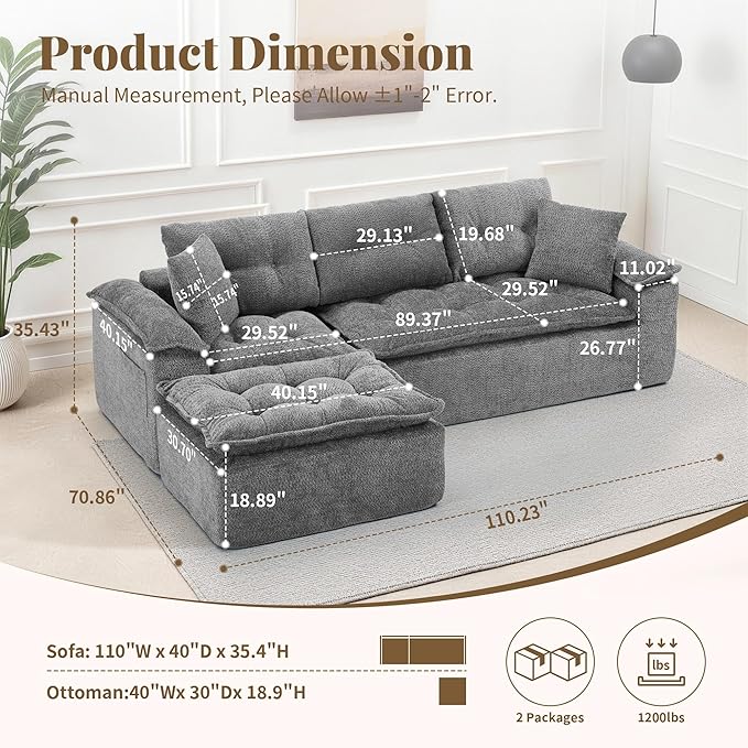 110 Modular Sectional Sofa Cloud Sectional Couch with Ottoman Modern L Shaped Sofa with Deep Seat Upholstered Boneless Couch for Living Room with Layered Cushion No Assembly Grey