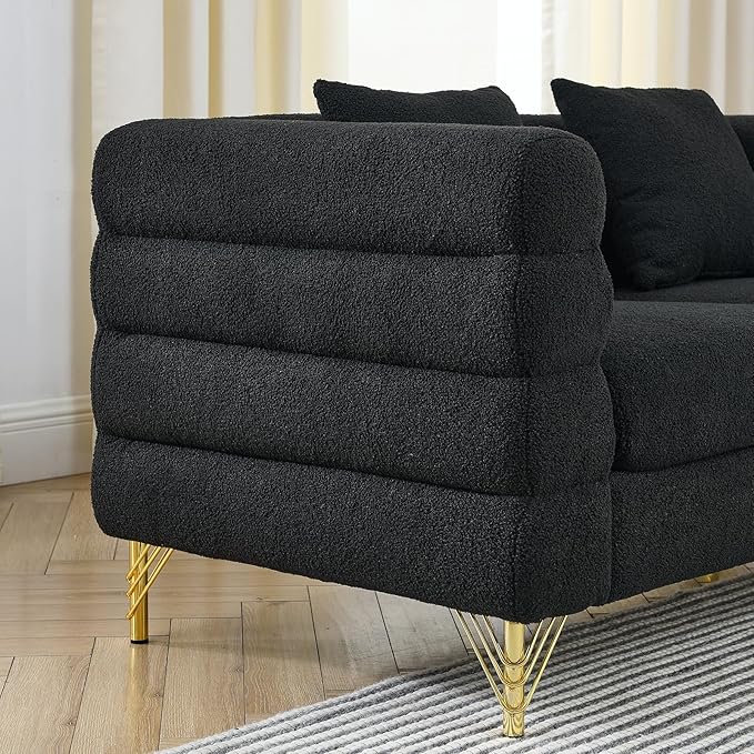 Comfy Loveseat Sofa 60-inch 2 Seater Boucle Couch with Deep Seat Design Upholstered Love Seat with 2 Pillows Modern Living Room Sofa with Stylish Metal Legs for Office Waiting Room Black Teddy
