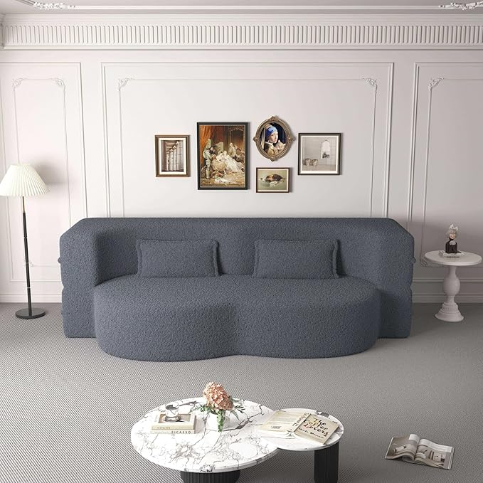 78” Floor Sleeper Sofa Bed Modern 2 in 1 Full Size Foldable Mattress with 2 Pillows Convertible Boneless Couch with Deep Seat for Living Room No Assembly Required (Grey &amp Teddy) | No Assembly R