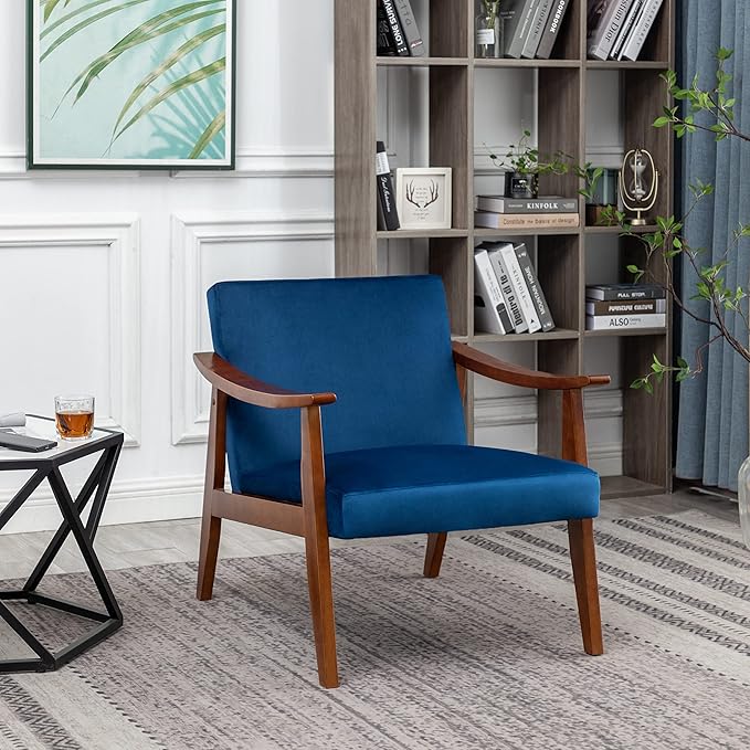 Accent Chair with Velvet Upholstery and Solid Wood Frame Classic Mid-Century Modern Living Room Furniture for Extra Seating Dark Blue