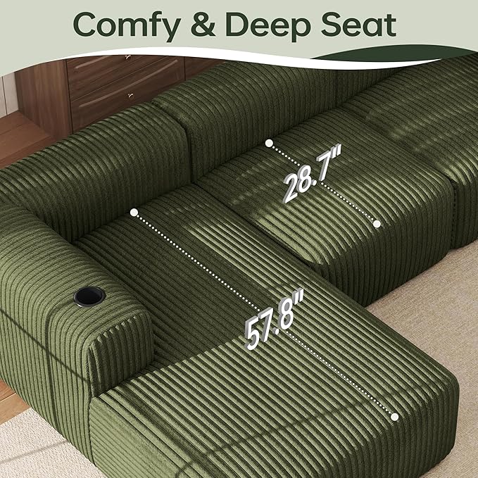 DURASPACE 108 Sectional Couch L Shaped Sofa Boneless Foam Cloud Couches with Chaise Fluffy Plush Corduroy Modular Couches for Living Room (Green Left Facing Chaise)