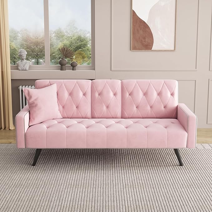 KEIKI 72 Velvet Loveseat Sofa Bed with Nailhead Accents &amp Tufted Backrest 3-in-1 Convertible Sleeper with Cup Holders for Small Spaces Pink