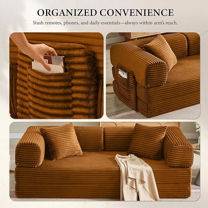 Boneless Couch Folding Couches for Living Room Sofa Futon Sofa Bed with Sleeper Sofa Futon Couch with Fixed-Shape Oversized Corduroy Upholstered (Orange 81 Inches)