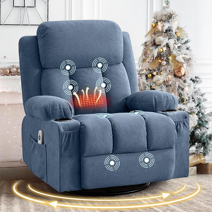 Swivel Rocker Recliner Chair with Vibration Massage and Heat for Living Roomwith Rocking Function and Side Pocket USB Charge Port2 Cup Holders