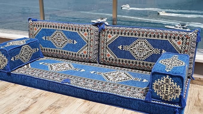 Single Arabic Floor Seating Cushions Arabic Majlis Floor Sofa Reading Nook Loveseat Sofa Single Floor Couch Ottoman Floor Pillows (Blue)