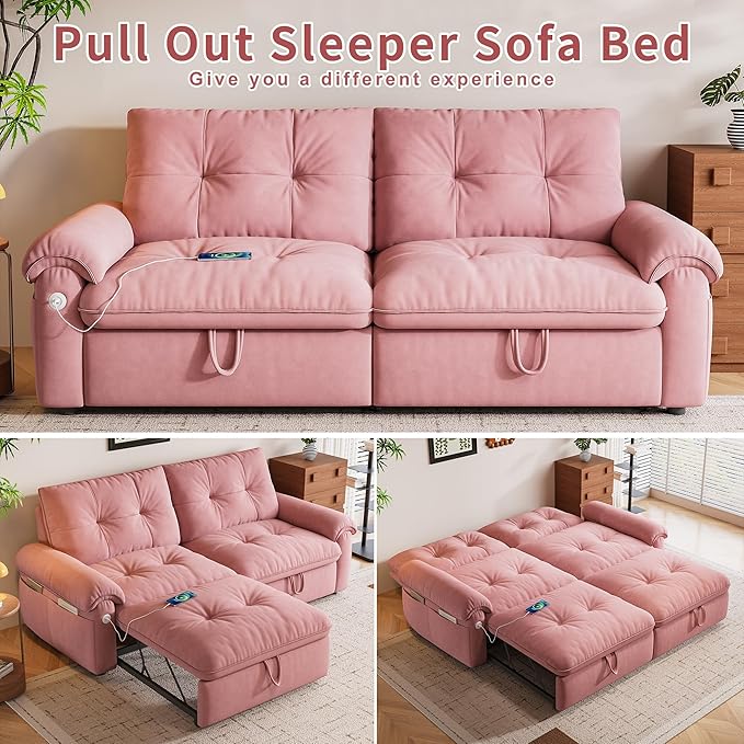 77 Queen Size Sofa Bed 2-in-1 Convertible Sleeper Sofa Bed with Adjustable Backrest Modern Velvet Couch with Side Pocket and USB Ports for Living Rooms Bedrooms Small Spaces (Pink 77.2inch)
