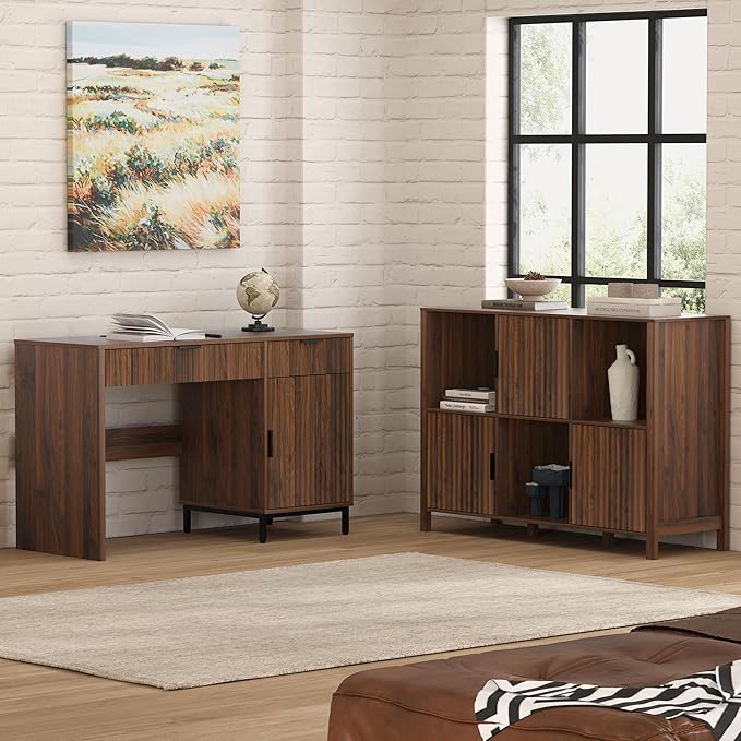 47 Office Desk with Fluted Drawers Wooden Home Exectuive Desk with Storage Cabinet Charging Station Metal Legs Modern Farmhouse Computer Desk for Work Study Brown