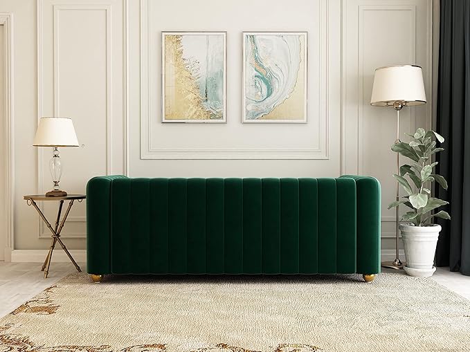 81 Green Velvet Sofa Mid Century Modern Couch for 3 Person Chesterfield Tufted Velvet Couches for Living Room Apartment Bedroom Office