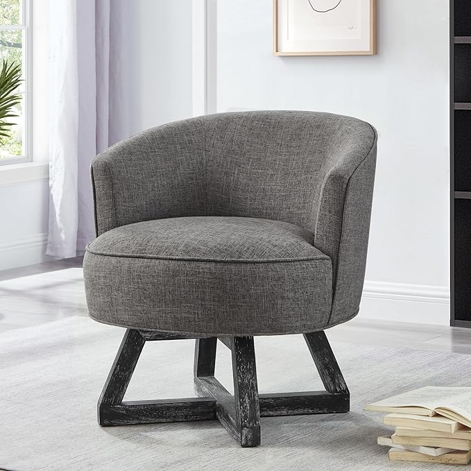 KEIKI Swivel Barrel Chair with Cross-Shaped Wooden BaseLinen Upholstered Lounge Accent Armchair Small Single Sofa Seating for Bedroom Office Living Room Dark Gray
