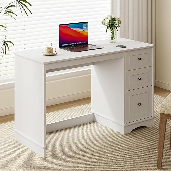 48”White Computer Desk with 3 Drawers Modern Office Desk with Storage Small Writing Desk for Bedroom Living Room Office