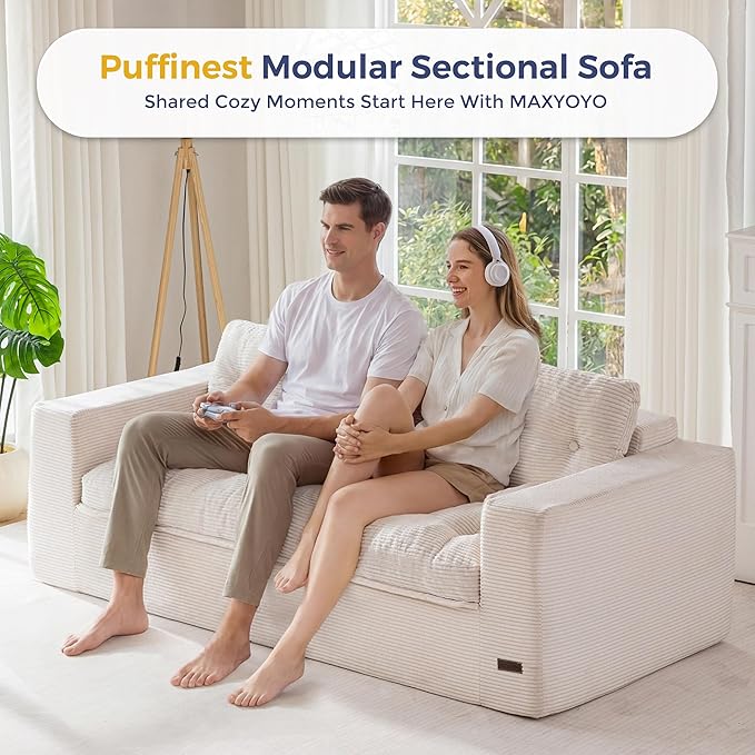 MAXYOYO 79 Boneless Sofa Couch Cloud Couch Floor Loveseat for Small Space with Pillows Tufted Floor Sofa with Layered Cushion for Apartment &amp Lounge No Assembly Required Beige