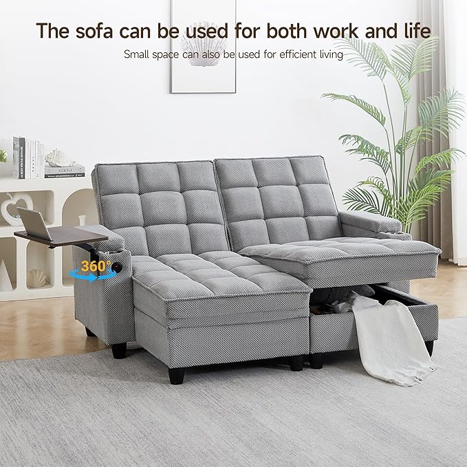 70.9'' Double Chaise Lounge with 360 Degree rotatable Side Table Comfy Corduroy Indoor Lounge Chair with Armrest Storage Cup Holder USB Port Pillow for Living Room (Light Gray)