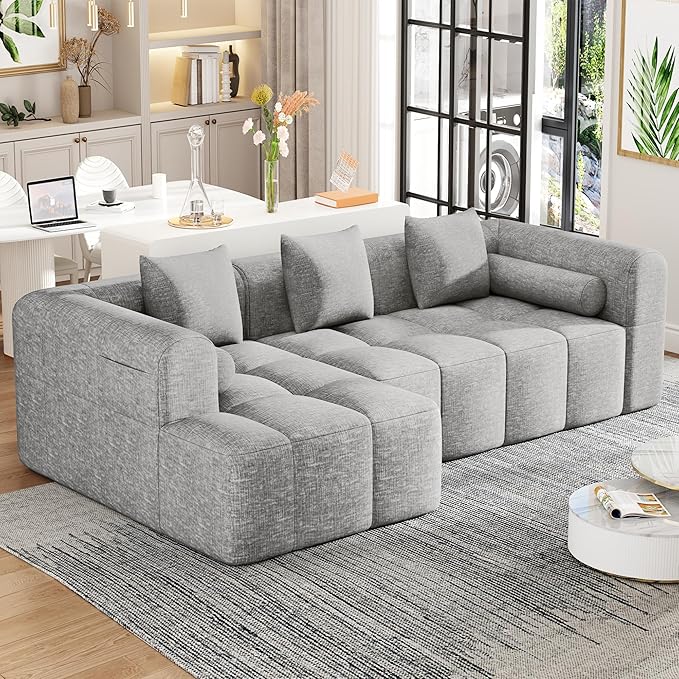 101.2 Sectional Sofa Full-Compressed Modular Couch Free-Combined Sofa with Deep Seating and Two Side Pockets for Living Room Light Grey