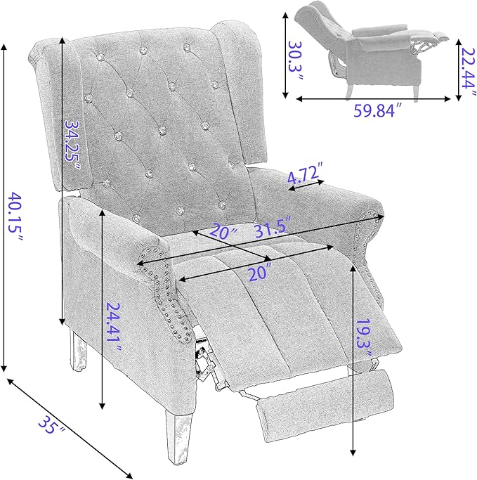 Recliner Chair Adjustable Home Theater Single Fabric Recliner Sofa Furniture with Tufted Woven Fabric Push Back Recliner Wingback Armchair For Living Room Modern Living Room Recliners (Light Gray)