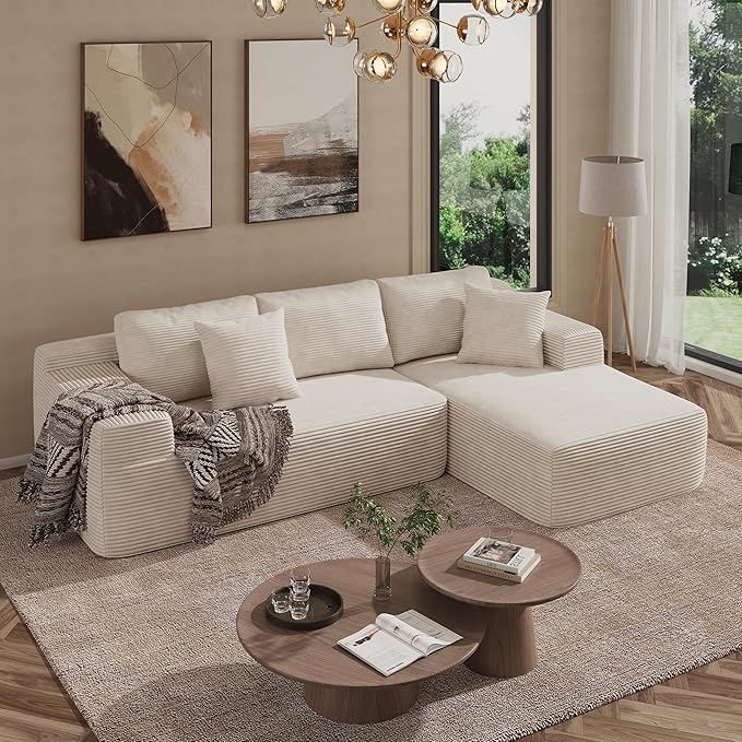 OC Orange-Casual 106.3 Cloud Sectional Couch with L-Shape Chaise No Assembly Required Modular Sofa Upholstered Boneless Couches for Living Room Plush Corduroy Fabric (White Right Facing Chaise)