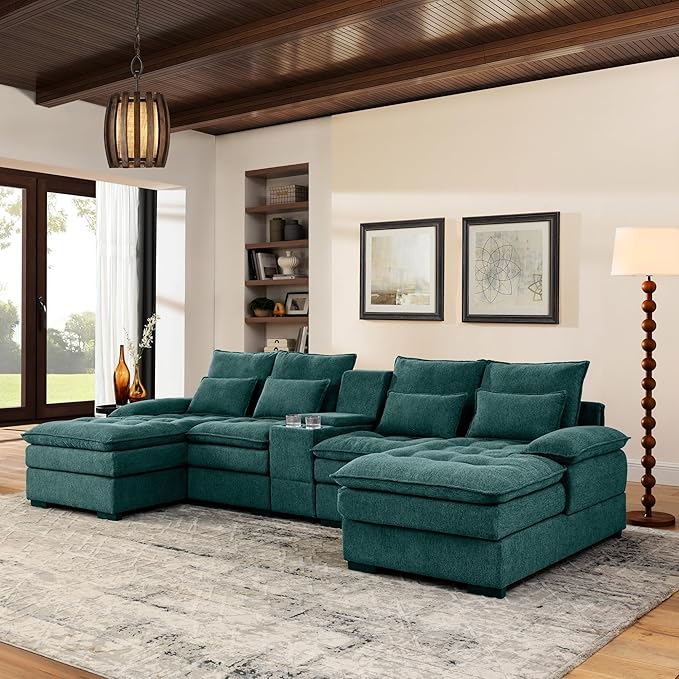 130 U-Shaped Modular Sectional Sofa Oversized Cloud Couches with Storage Console &amp Cup Holders Linen Sofa with Chaise/Pillows 6-Seater Deep Seat Couches for Living Room (Green) | Breathable ma