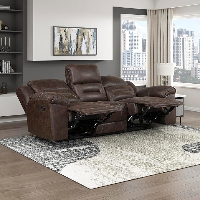 Lexicon Double Recliner Sofa for Living Room Wall Hugger Manual Reclining Couch Sofa Textured Microfiber Upholstered Dual Reclining Sofa Home Theater Seating Required Assembly Dark Brown