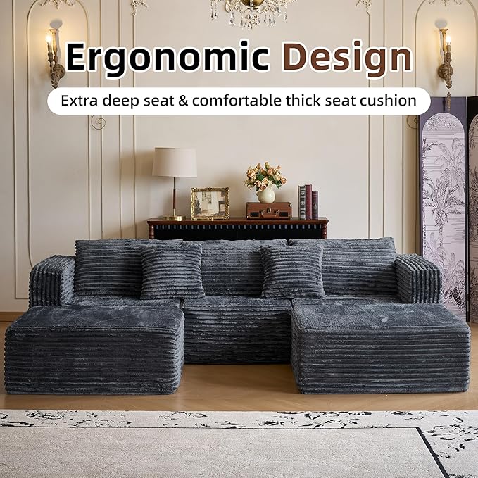 110 Modular Sectional Couch with 2 Movable Ottoman Cloud Sofa Couches for Living Room U Shaped Deep Seat Boneless SofaLuxury Corduroy Fabric No Assembly Required Grey