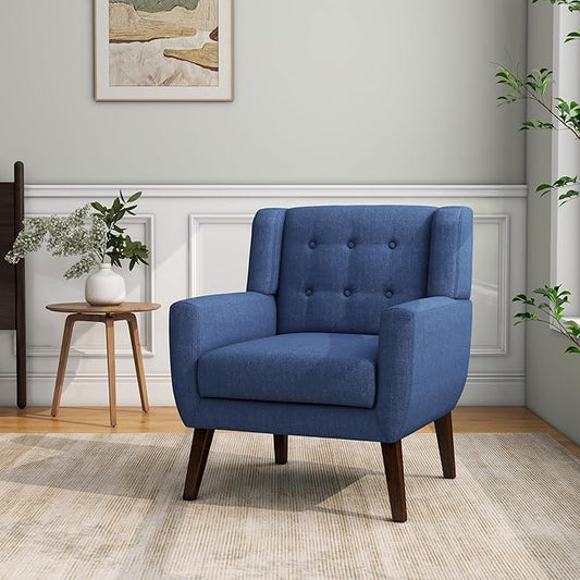 Accent Chair Mid-Century Modern Fabric Chairs with Arms for Living Room Comfy Upholstered Club Single Sofa Armchair for Bedroom Waiting Room with Solid Wood Frame (Fabric Navy Blue Set of 1)