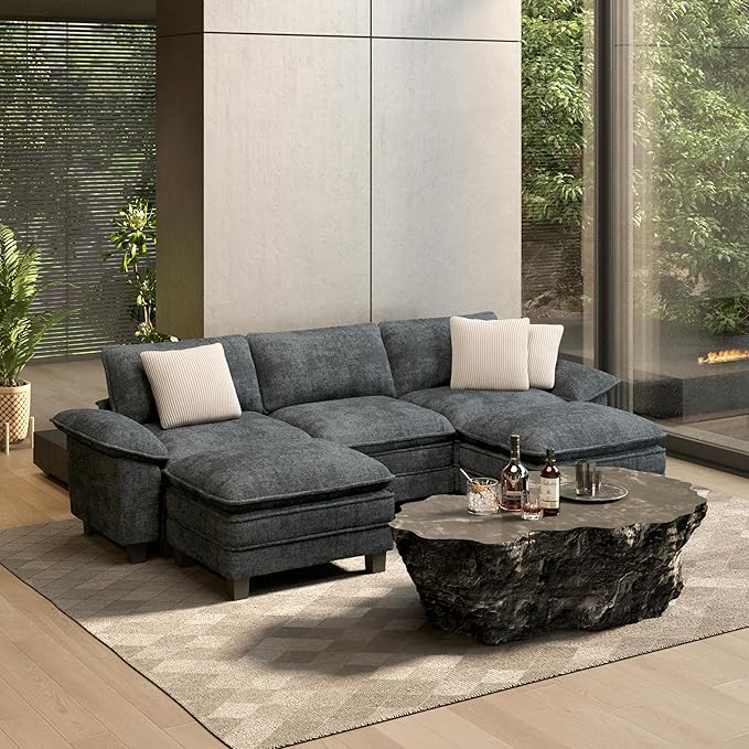 HERA'S HOUSE 124 Modular Sectional Sofa Oversized U Shaped Couches for Living Room Comfy Cloud Couch with Ottoman 5-Seater Deep Seat Sofa with Throw Pillow Chenille Blue