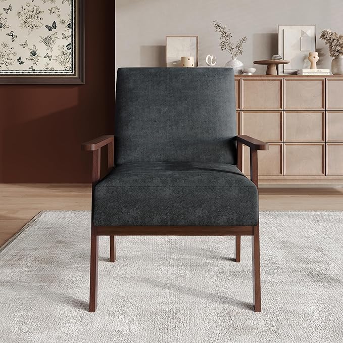Mid-Century Modern Accent Chair Linen Upholstery Wooden Armrests Cushioned Seat Easy Assembly Dark Grey