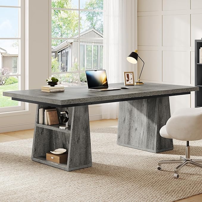 YITAHOME 63 Executive Desk Large Office Desk Computer Desk with Double Pedestal and Storage Shelves Wood Simple Workstations Writing Table Conference Table Business Furniture for Home Office Grey
