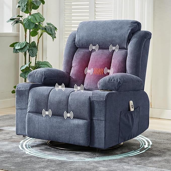 360° Swivel Rocker Recliner Chair with Heat and Massage 3 Positions USB Ports Side Pockets Cup Holders for Living Room Bedroom Blue