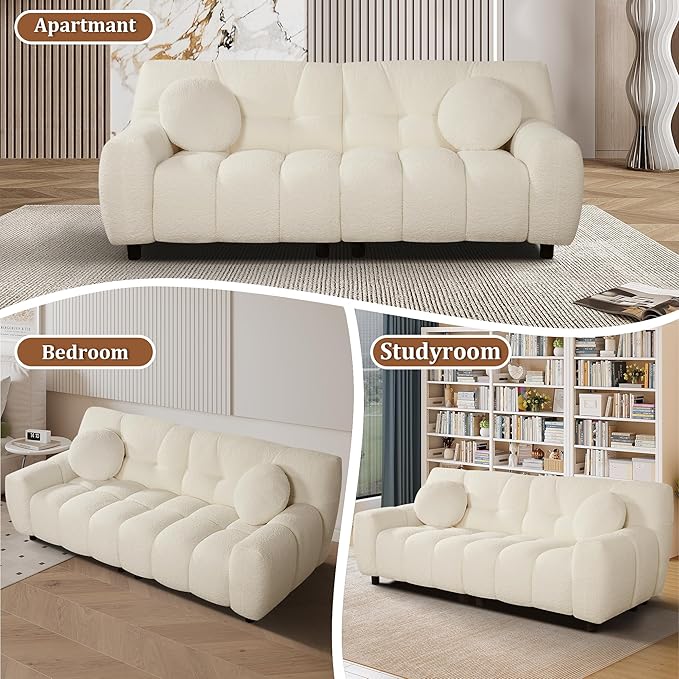 73 Boucle Cloud Sofa Couch with 2 Soft PillowsComfy Upholstered Teddy 2 Seater LoveSeat SofaModern Deep Seat Sherpa Cloud Couch Oversized Love Seat for Living Room Bedroom Apartment Beige White
