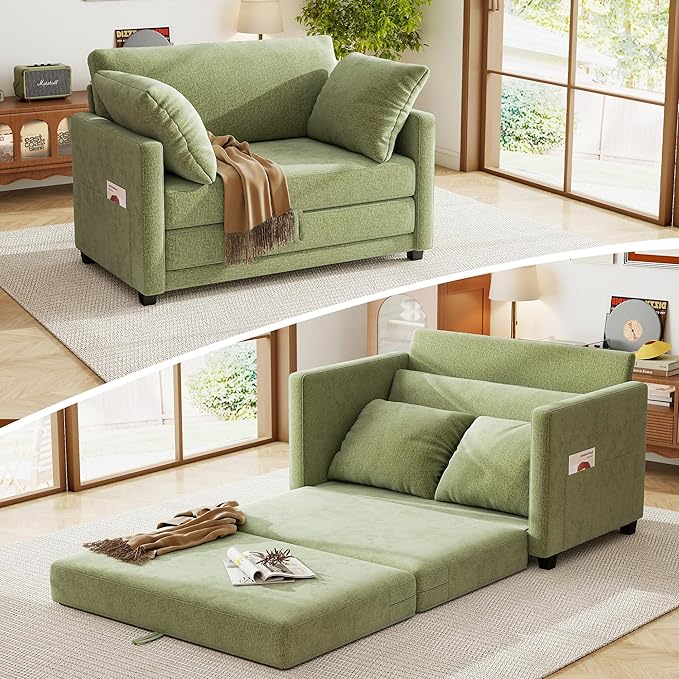 51 Loveseat Sleeper Sofa Bed Chenille Convertible Floor Sofa Bed for Small Spaces Folding Couch Bed with Deep Seat 2 Pillows &amp Solid Frame Pull Out Floor Couch for Living Room Green