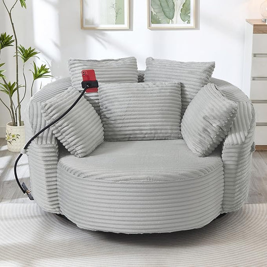 360° Swivel Accent Chair with 5 Throw Pillows Adjustable Phone Holder Corduroy Fabric Round Sofa Chair Barrel Chair with Semi-Wraparound Design for Living Room Office and Hotel (Light Gray1)