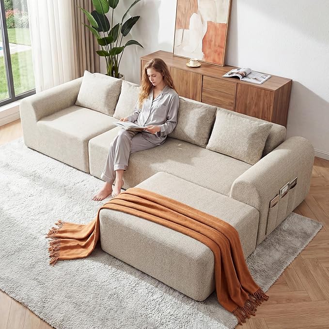 105.5 Modular Sofa Modern Boneless Sectional Sofa with Footstool No Assembly Required Extra-deep Chenille Fabric Seat L-Shaped Chaise Lounge Sofa Suitable for Living Room(Beige)