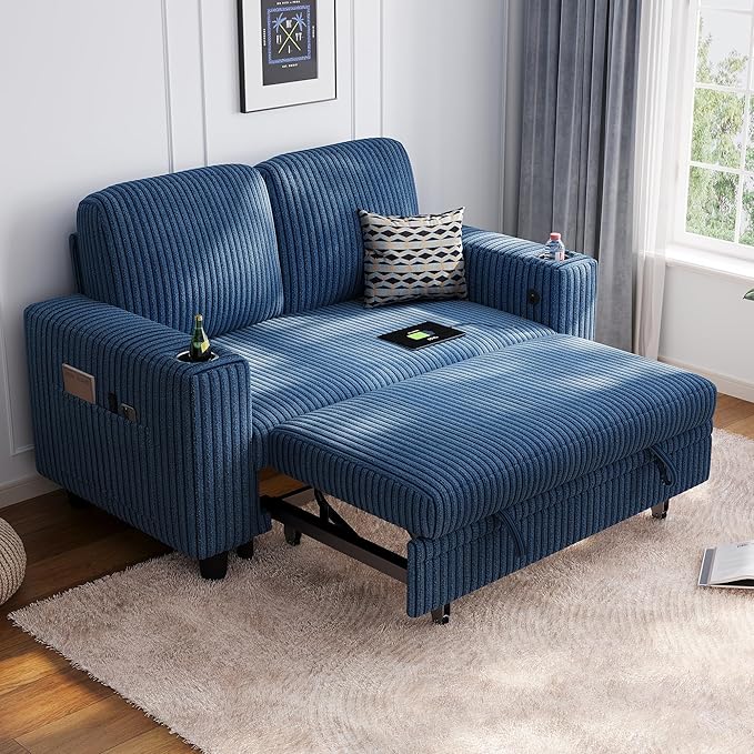 LINSY HOME Loveseat Sofa with Pull Out Couch Chaise: 2-in-1 Convertible 2 Seater Sofa with USB Charging &amp Cup Holders Comfy Plush Corduroy Love Seat for Small Spaces Living Room Apartment Blue