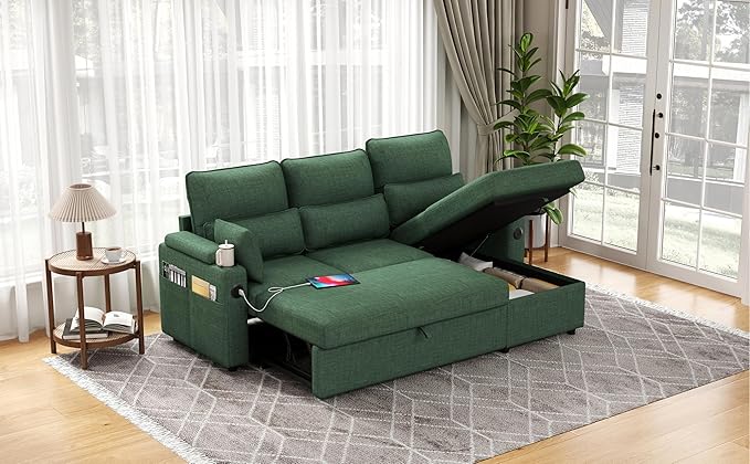 Sectional Sleeper Sofa with Pull Out Couch Bed with Storage Chaise for Living Room Comfy Linen Modular Sectional Sofa with Dual USB &amp Type-C Cup Holders (Green 81 Inches)