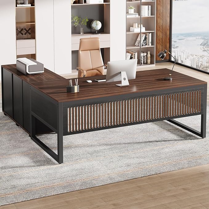 Tribesigns 63-Inch L-Shaped Desk Modern Executive Desk with Mobile File Cabinet Large Office Desk with Door Storage Cabinet and Drawer Business Furniture for Home Office Dark Walnut &amp Black