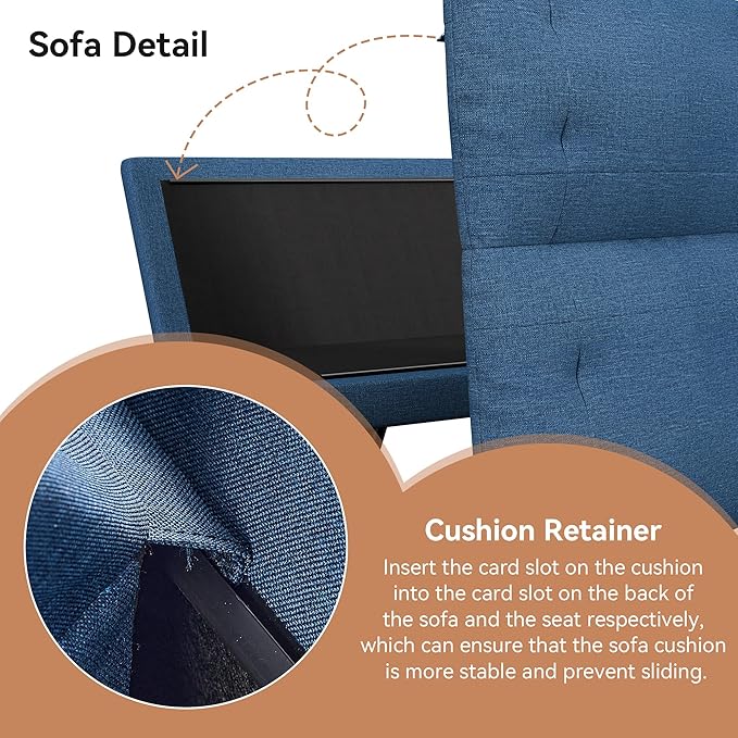Futon Sofa Bed Convertible Couch Blue Linen Sofa Bed with Adjustable Backrest Multifunctional Small Loveseat Sleeper Sofa for Living Room Apartment Office