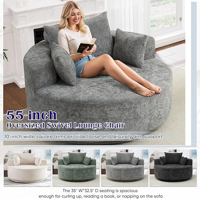Oversized Round Swivel Chaise Longue Chair Indoor Modern 55-inch 360 Degree Swivel Upholstered Waffle Chenille Deep Seat Circle Single Cloud Sofa Chair for Living Room Bedroom Apartment Office Grey