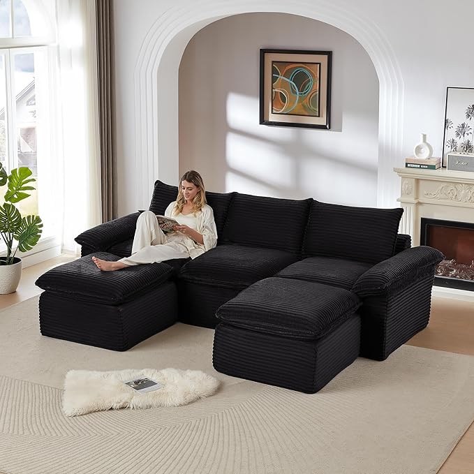 DEINPPA U Shape Modular Couch with Ottoman 5 Seat Cloud Sofa with Deep Seat for Living Room Apartment Corduroy Upholstered Comfy Couch-Black