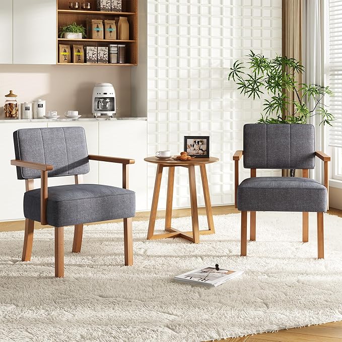 GarveeHome Linen Fabric Accent Chair Mid-Century Modern Armchair with Classic Vertical Stripe Reading Leisure Chair with Wood Frame for Living Room Grey