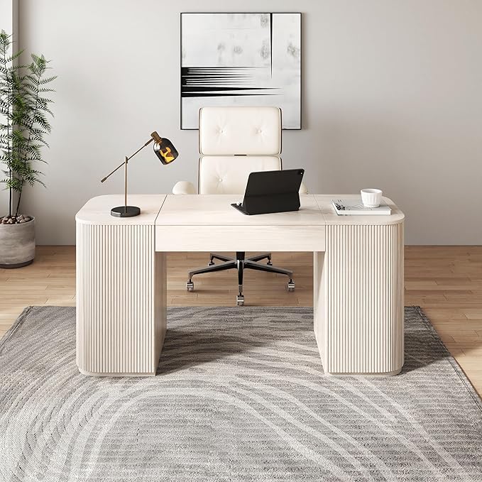 homary 59.8 Modern Standing Desk Home Office Desk Engineered Wood Office Desk with Lift-Top &amp Ample Storage for Office Study Wash White