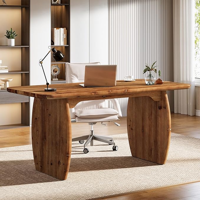 63-Inch Solid Wood Executive Desk Large Office Computer Desk with Sturdy Wooden Legs Farmhouse Writing Table Business Workstation for Home Office Brown